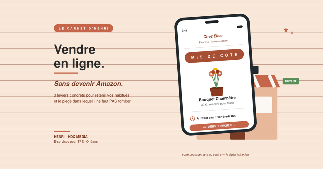 Mockup de smartphone affichant un ticket de mise de côté chez un fleuriste — illustration du dispositif click & collect pour petit commerce de proximité