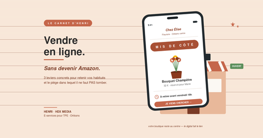 Mockup de smartphone affichant un ticket de mise de côté chez un fleuriste — illustration du dispositif click & collect pour petit commerce de proximité
